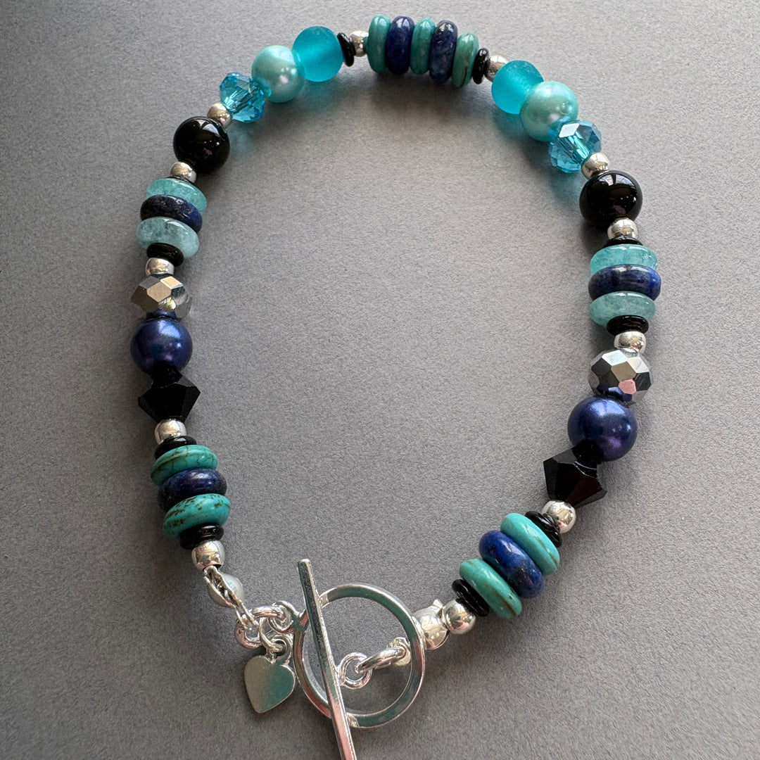 Semi_Precious Multi_Bead Bracelet with Silver Clasp - Blue, Black & Turquoise