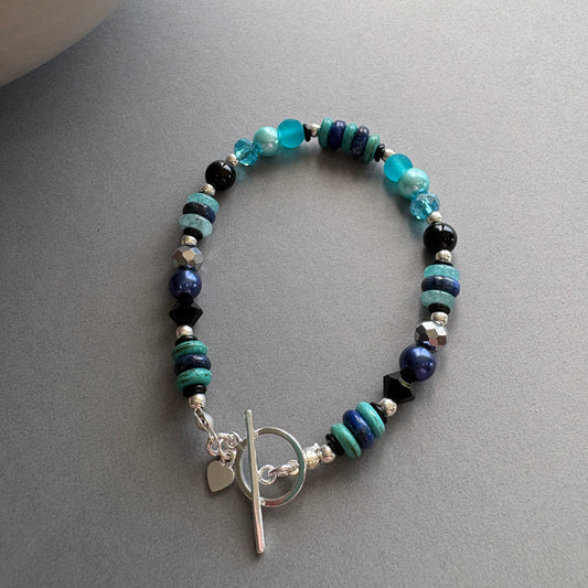 Semi_Precious Multi_Bead Bracelet with Silver Clasp - Blue, Black & Turquoise