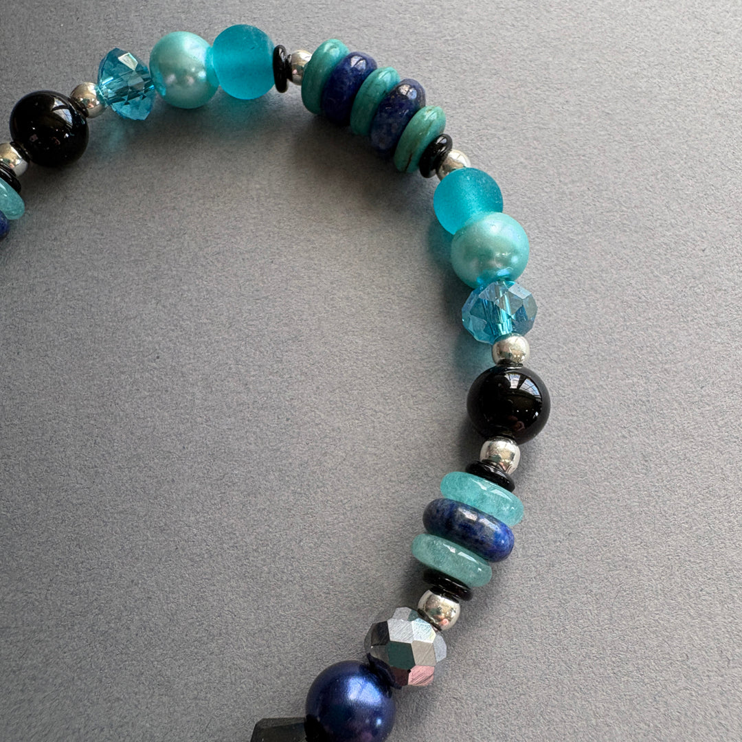 Semi_Precious Multi_Bead Bracelet with Silver Clasp - Blue, Black & Turquoise