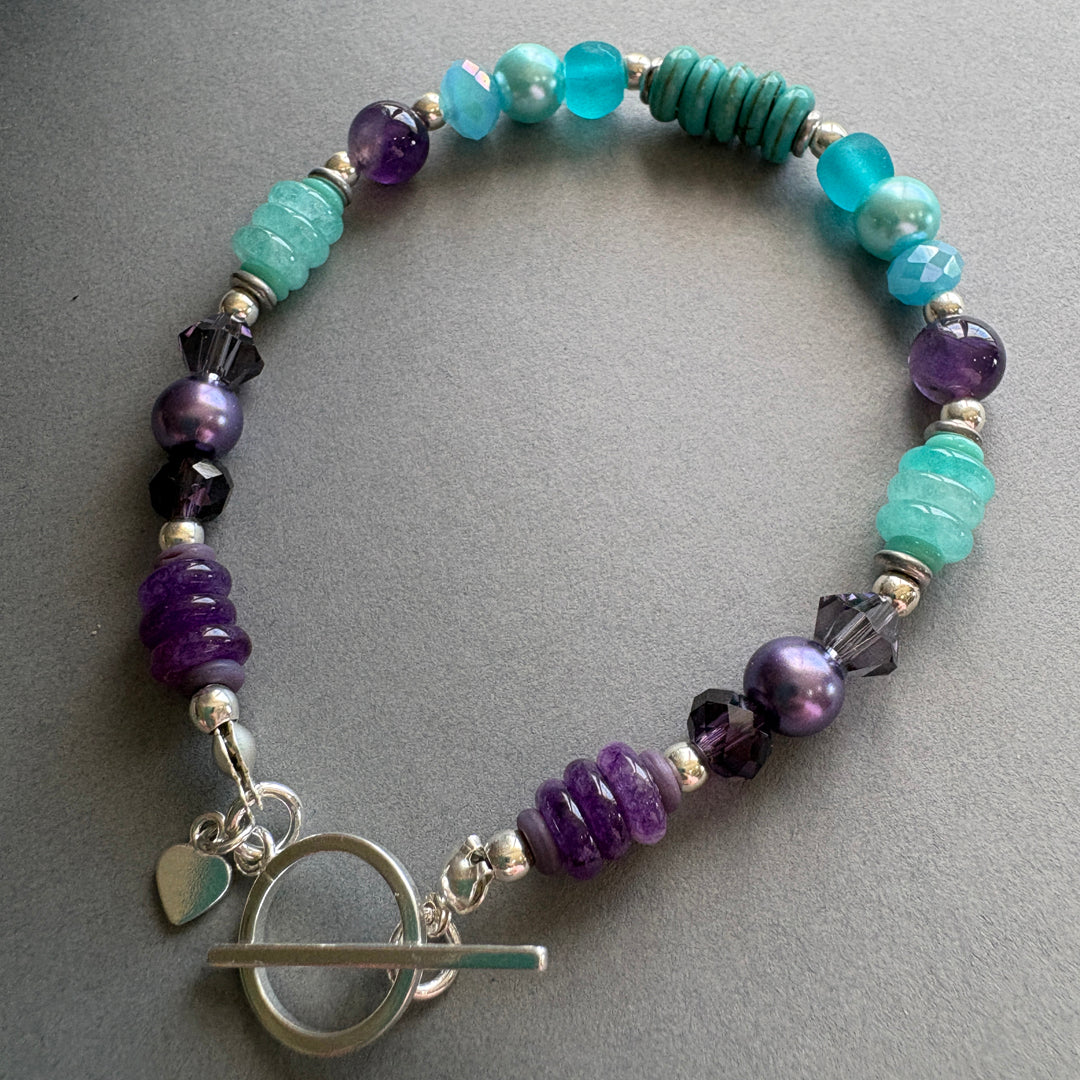 Handmade Gemstone Bracelet with Sterling Silver Beads - Turquiose & Purple