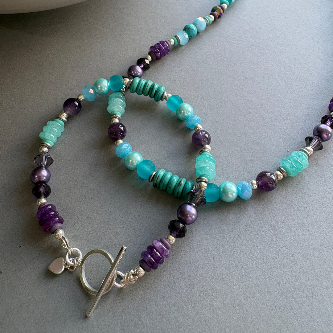 Handmade Gemstone Bracelet with Sterling Silver Beads - Turquiose & Purple