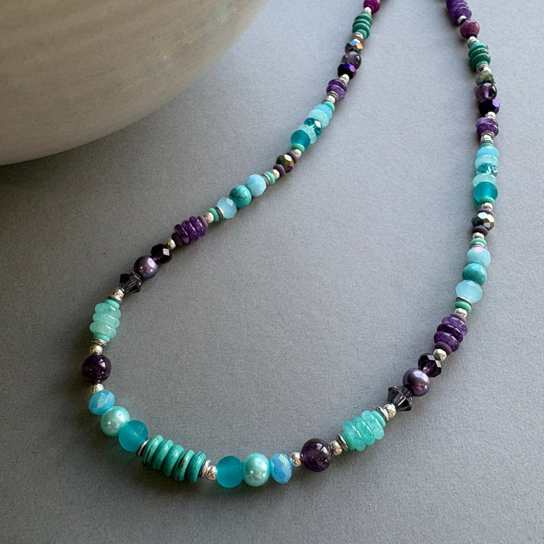 Handmade Gemstone Necklace with Sterling Silver Beads - Turq-Purple