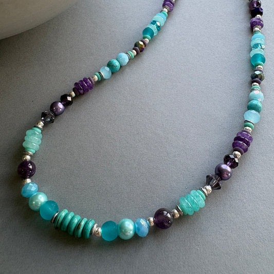 Handmade Gemstone Necklace with Sterling Silver Beads - Turq-Purple
