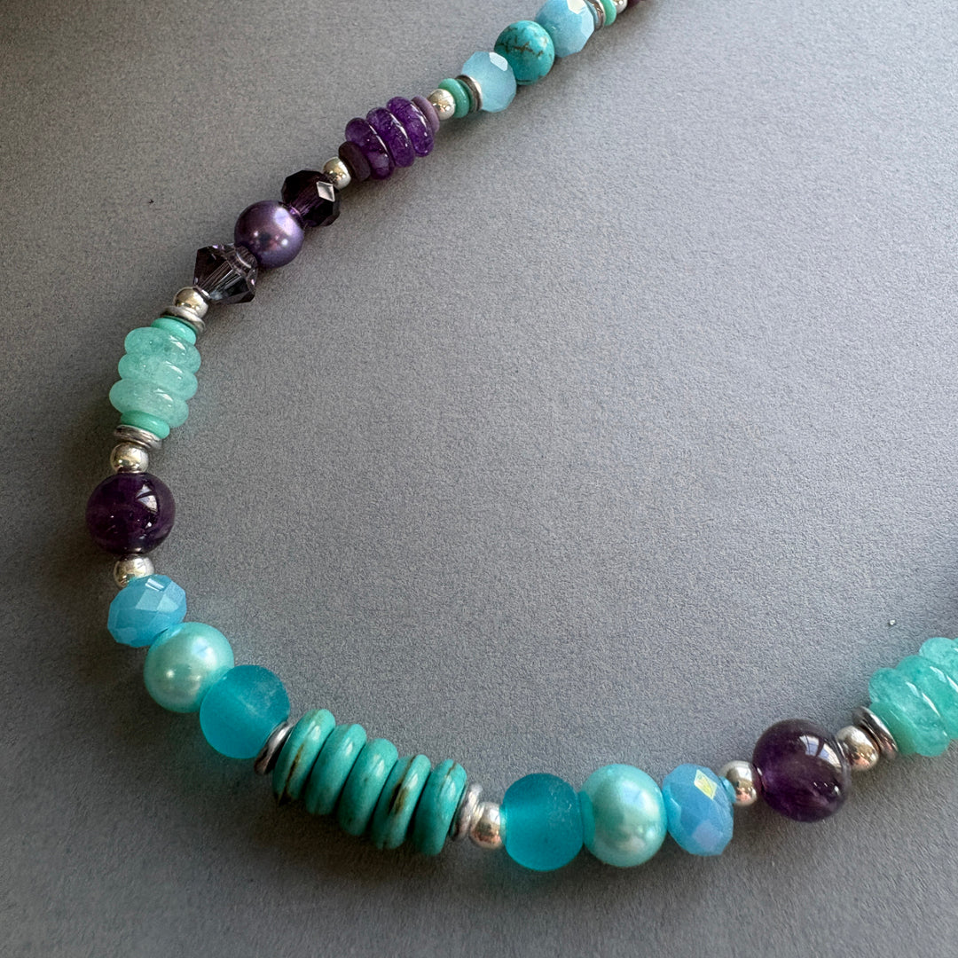 Handmade Gemstone Necklace with Sterling Silver Beads - Turq-Purple