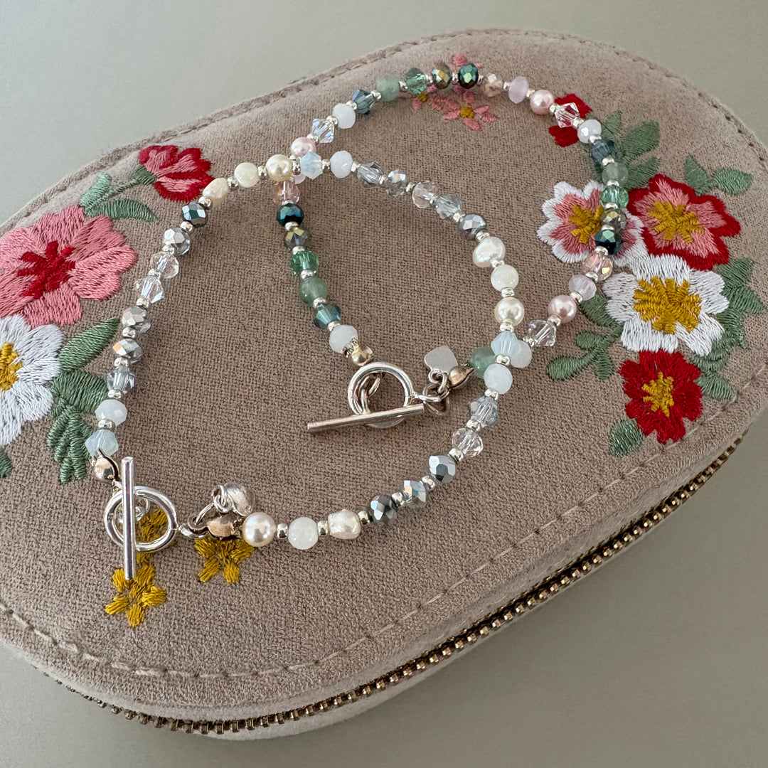 Clear Crystal, Semi-Precious & Pearl Beaded Bracelet - Sterling Silver Toggle Clasp | Handmade Jewellery Gift